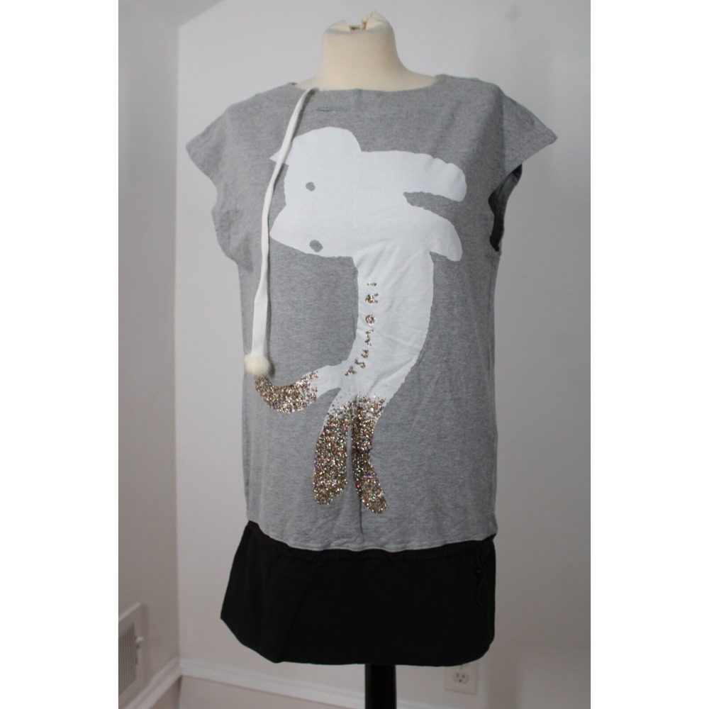 Tsumori Chisato S Gray Glitter Cat Pom Pom Drawstring Tunic Top Dress